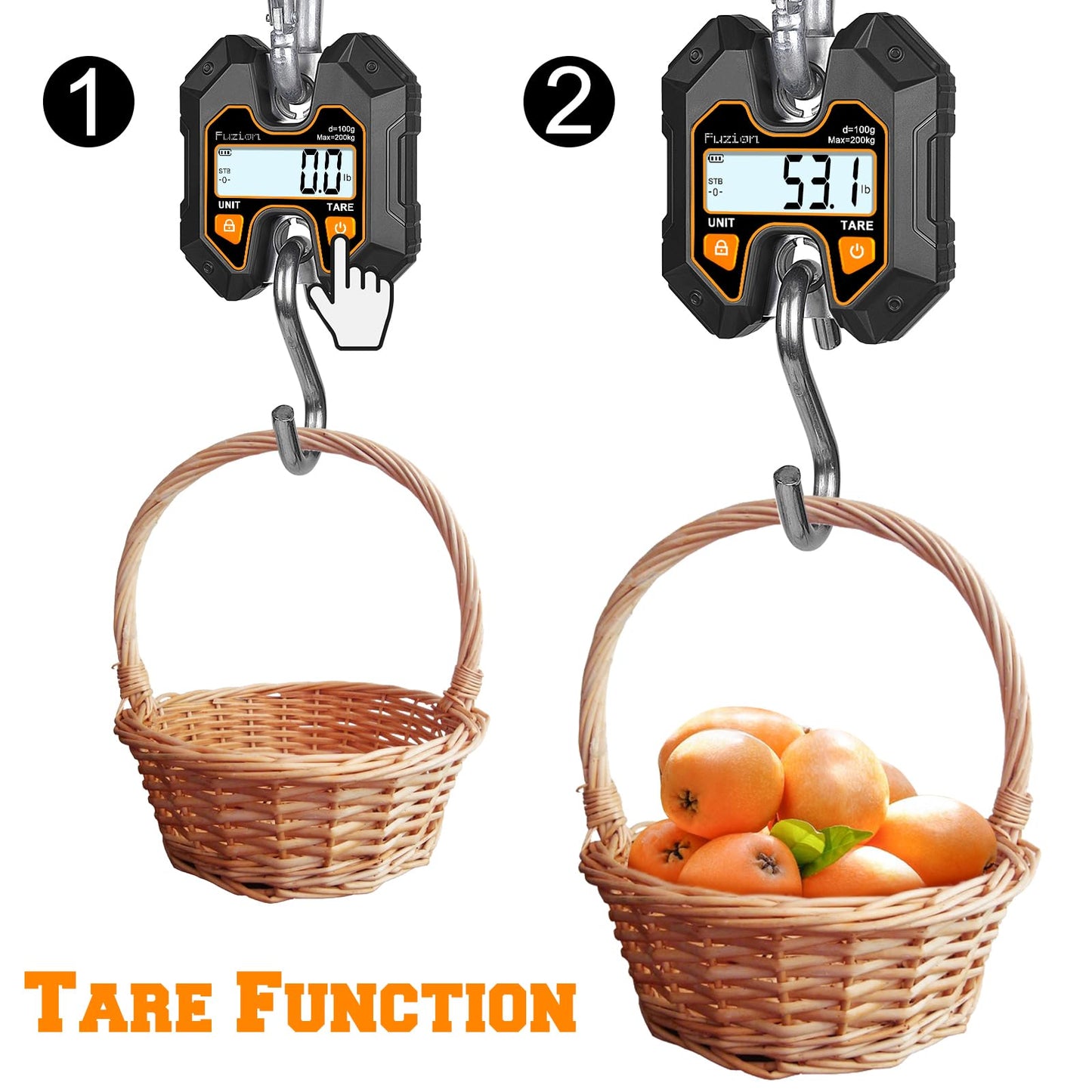 Fuzion Mini Crane Scale - Hanging Scale 440lb/200kg/1960N, Deer Scale with Large LCD Display, Hold & Tare Functions for Hunting, Farms, Fishing, No Setup Required