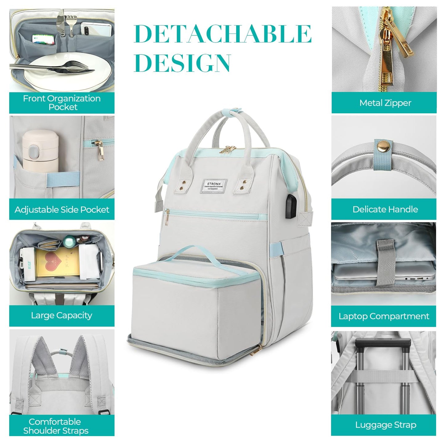 ETRONIK Lunch Backpack, 15.6 Inch Laptop Backpack with USB Port, Stylish Nurse, Teacher Work School Bag with Insulated Cooler Lunch Box for Women Men, College Backpack for Travel, Grey Blue