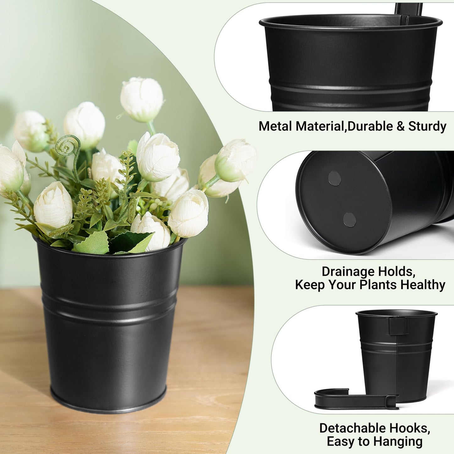 Dahey 10 Pcs Hanging Flower Pots Metal Iron Bucket Planter for Railing Fence Balcony Garden Home Decoration Flower Holders with Detachable Hooks, Black, 4 Inches