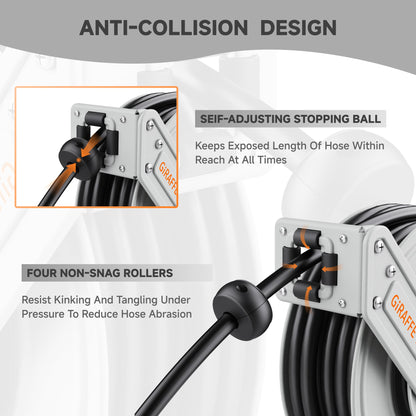 Giraffe Tools Pressure Washer Hose Reel 65ft, Power Washer Hose Reel, Pressure Washer Retractable Hose Reel, Heavy Duty, Wall/Floor Mounted, 3200 PSI, Silver