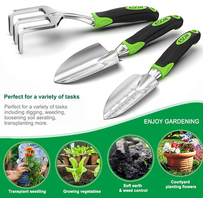ESOW Garden Tool Set, 3 Piece Cast-Aluminum Heavy Duty Gardening Kit Includes Hand Trowel, Transplant Trowel and Cultivator Hand Rake with Soft Rubberized Non-Slip Ergonomic Handle, Garden Gifts