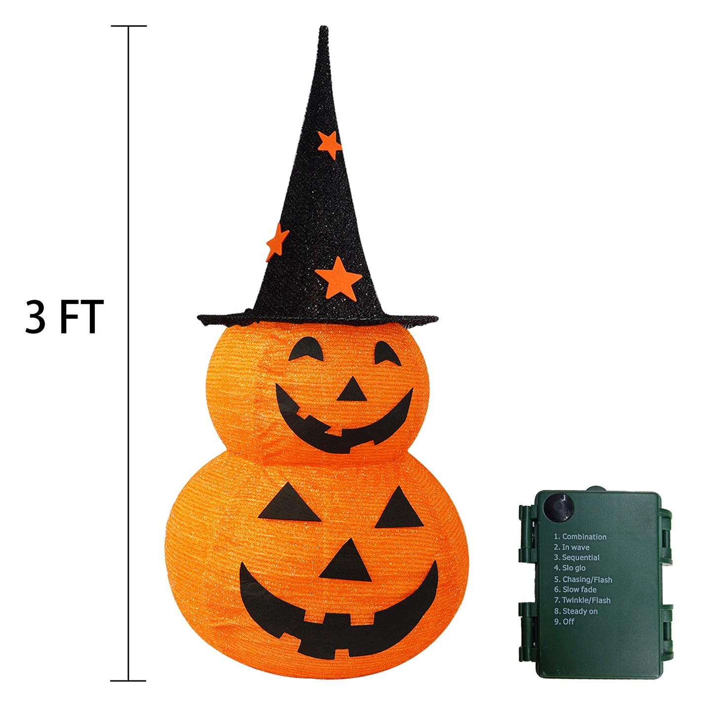 FUNPENY 3FT Halloween Collapsible Pumpkin Decorations, Pre-Lit Light Up 50 LED Pumpkin with Star Hat 8 Lighted Mode, Pop Up Jack-o-Lantern with Metal Stand for Indoor Outdoor Yard Holiday Decor