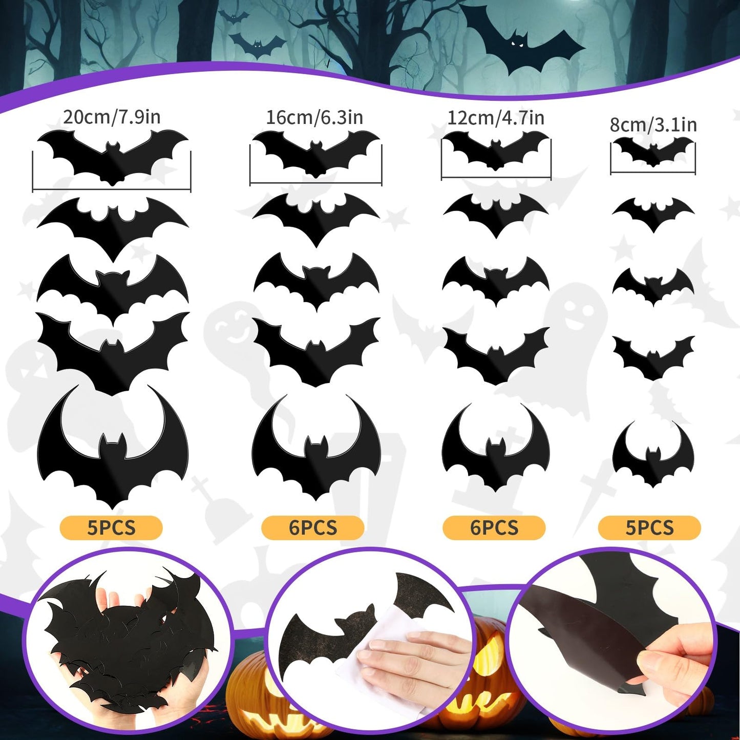 JULMELON 22pcs Halloween Car Magnets, Black Bat Decorations for Halloween Party Supplies Fridge Car Garage Door Cruise Decor