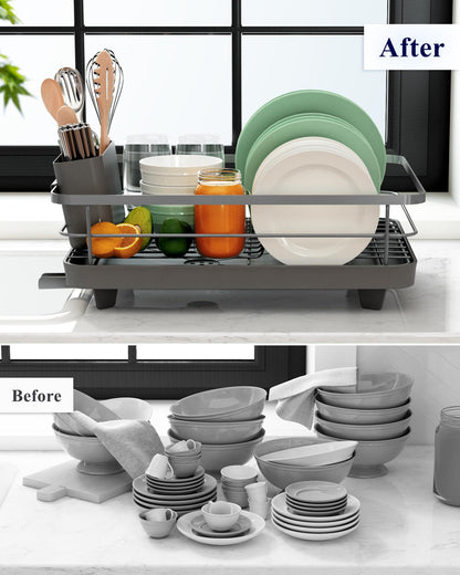 Kitsure Dish Drying Rack for Kitchen Counter, Stainless Steel Sink Organization and Storage Essentials with Cutlery Holder, Home and Appartment Decor, 12''W x 15.5''L, Grey