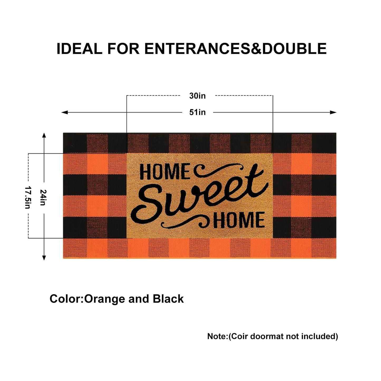 KIMODE Fall Outdoor Rug Buffalo Plaid Orange and Black 24"x51",Washable Cotton Fall Halloween Door Mat,Reversible Checkered Layering Rugs for Entryway,Halloween Front Porch Decor