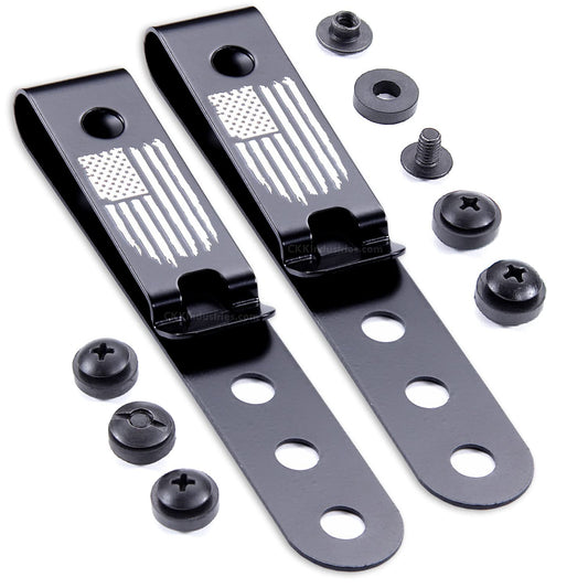 HolsterSmith Universal Metal Belt Clip for Holster Making - (Model 5) - (3-Hole) - (Tactical Black) - (w/USA Flag - Distressed Engraving) - (w/Mounting Hardware) - (2 Pack)