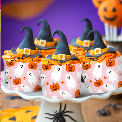 JarThenaAMCS 100Pcs Halloween Paper Baking Cups Pumpkin Ghost Cupcake Wrappers Orange Pink White Scalloped Edge Cupcake Muffin Cases for Halloween Dessert Decoration