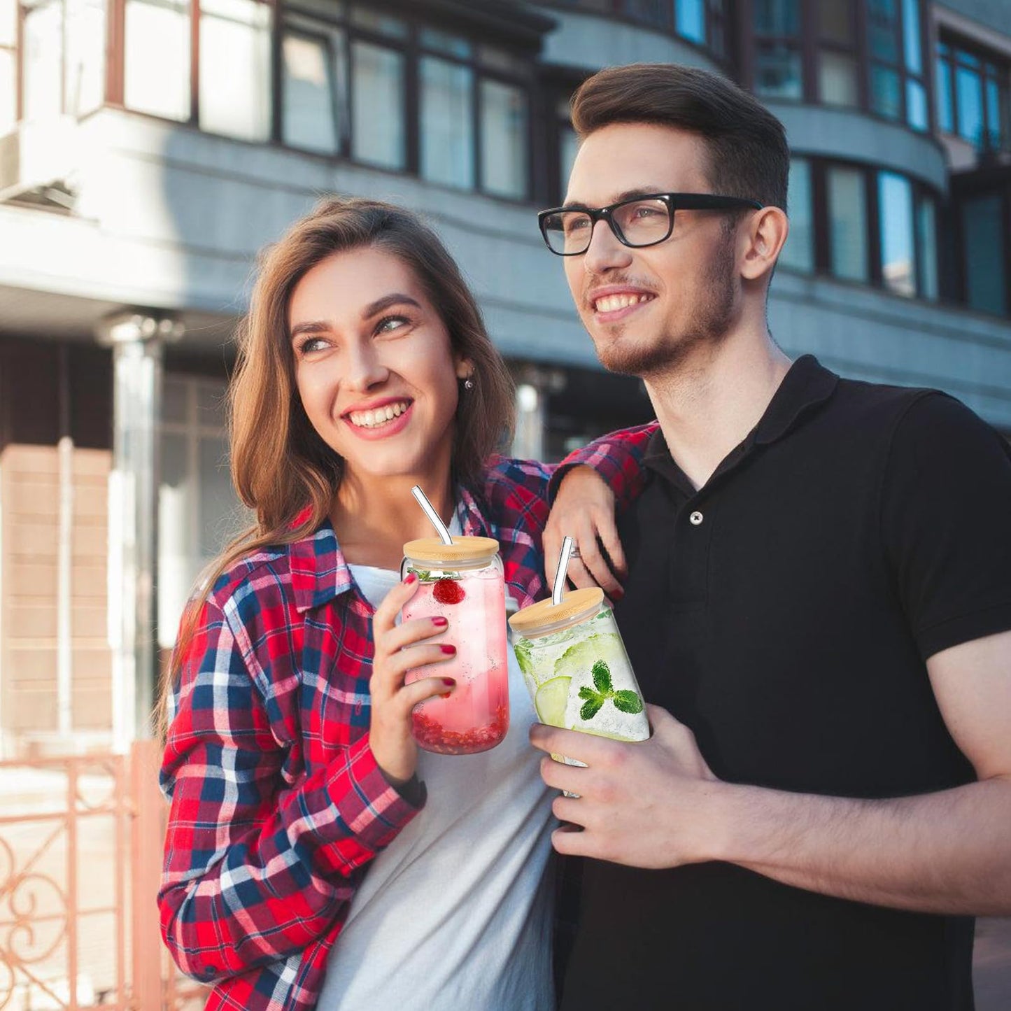 DAMCONME Glass Cups with Lids and Straws 1Pack,Glass Coffee Cups,Glass Cup with Lid for Iced Coffee,Smoothie,Cocktail,Beer,Whiskey,Soda,Matcha,16 Oz Glass Cup with Bamboo Lid,1 Brush