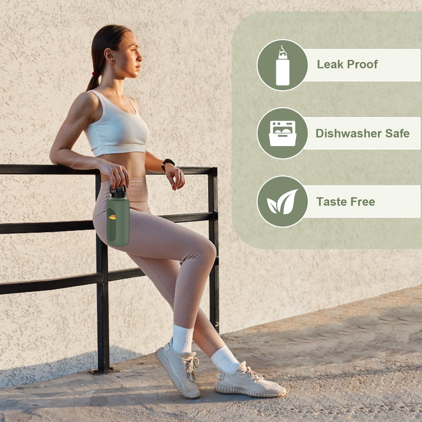 FULBEVY Glass Water Bottles 64 oz - Half Gallon Large Motivational Daily Water Intake Bottle Time Marker - Glass Water Bottle With Straw, Silicone Sleeve 2 Lids, Handle Spout & Bamboo Lid(Olive)