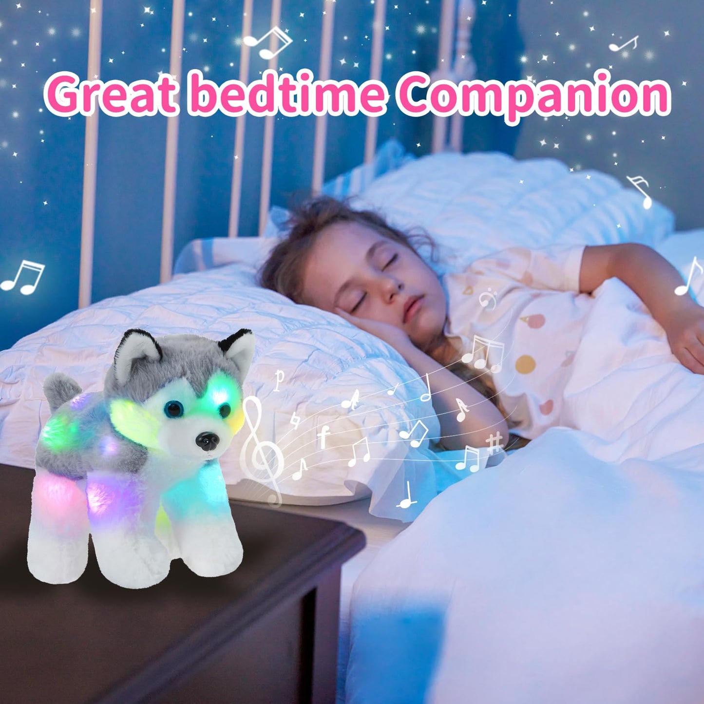 BSTAOFY 12’’ Musical Light up Husky Puppy Stuffed Animal Realistic LED Singing Dog Soft Plush Toy with Night Lights Glow in The Dark Birthday Valentines Christmas for Toddler Kids