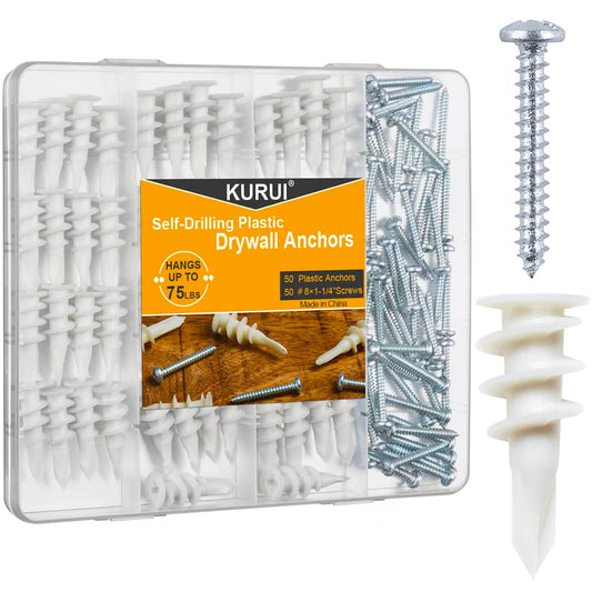 KURUI #8 Self Drilling Drywall Anchors with Screws Kit, Heavy Duty Dry Wall Anchors for Hanging Sheetrock, 50 Self-Tapping Plastic Drywall Hangers 50 Sheet Rock Screws, 100PCs Mounting Hardware -75LB