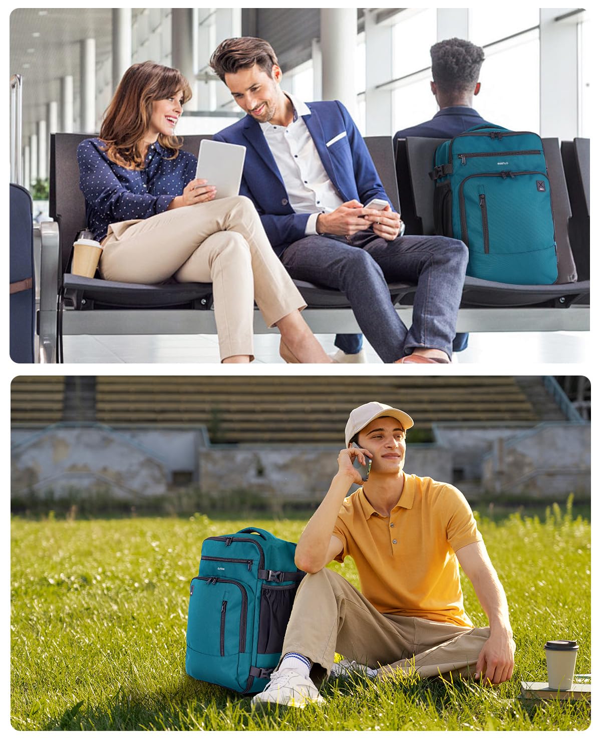 ECOHUB 17" Small Travel Backpack, United Airlines Personal Item Bag 17x10x9 with 16 Pockets, Water Resistant Rucksacks Fit 15.6" Laptop, AirTag Pocket, Lightweight Casual Daypack, 25L, Blue Green