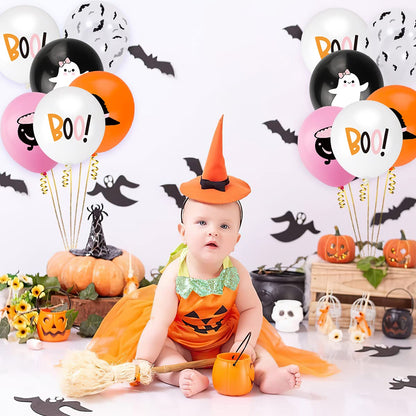 50Pcs Halloween Balloons Decor Girls Halloween Pink Orange Black White Latex Balloon with Ghost Witch Cauldron Bat Printed for Halloween Baby Shower Happy Boo Day Spooky One Two Spooky Party Supplies
