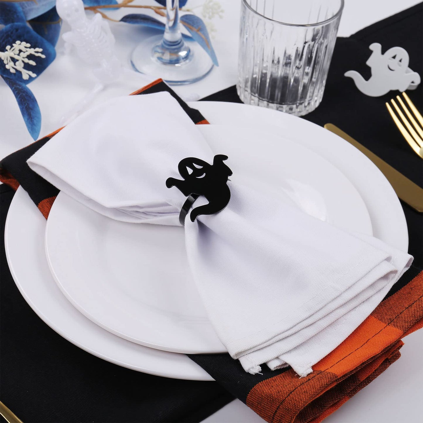 Ghost Napkin Rings Set of 12, White and Black Ghost Napkin Buckle for Halloween Holiday Birthday Party Decoration