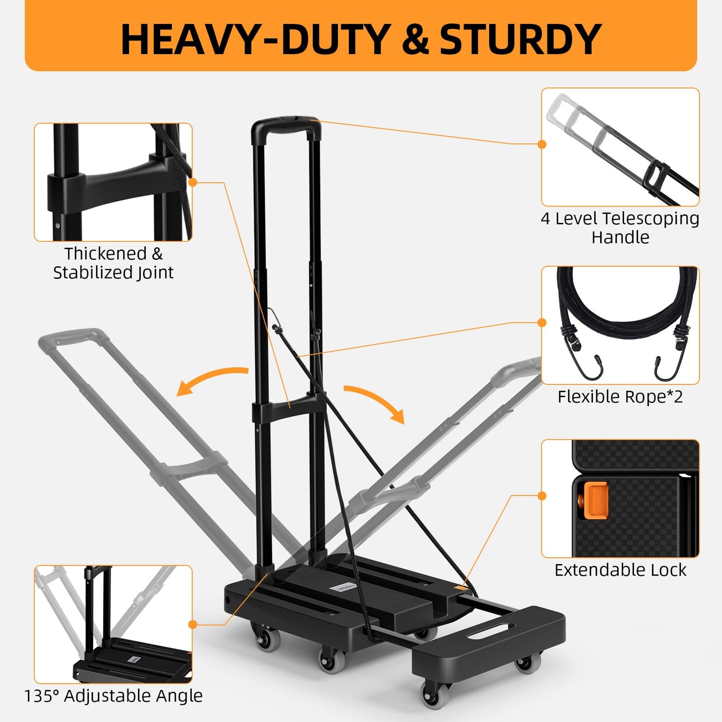 Folding Hand Trucks, Heavy Duty Dolly Cart with 6 Wheels & 2 Elastic Ropes, Foldable & Ideal for Luggage, Travel, Moving, Shopping, Office Use, Hold Up to 500 LB, Easy to Store, Black