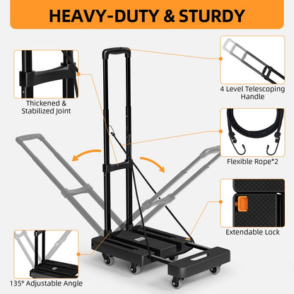 Folding Hand Trucks, Heavy Duty Dolly Cart with 6 Wheels & 2 Elastic Ropes, Foldable & Ideal for Luggage, Travel, Moving, Shopping, Office Use, Hold Up to 500 LB, Easy to Store, Black