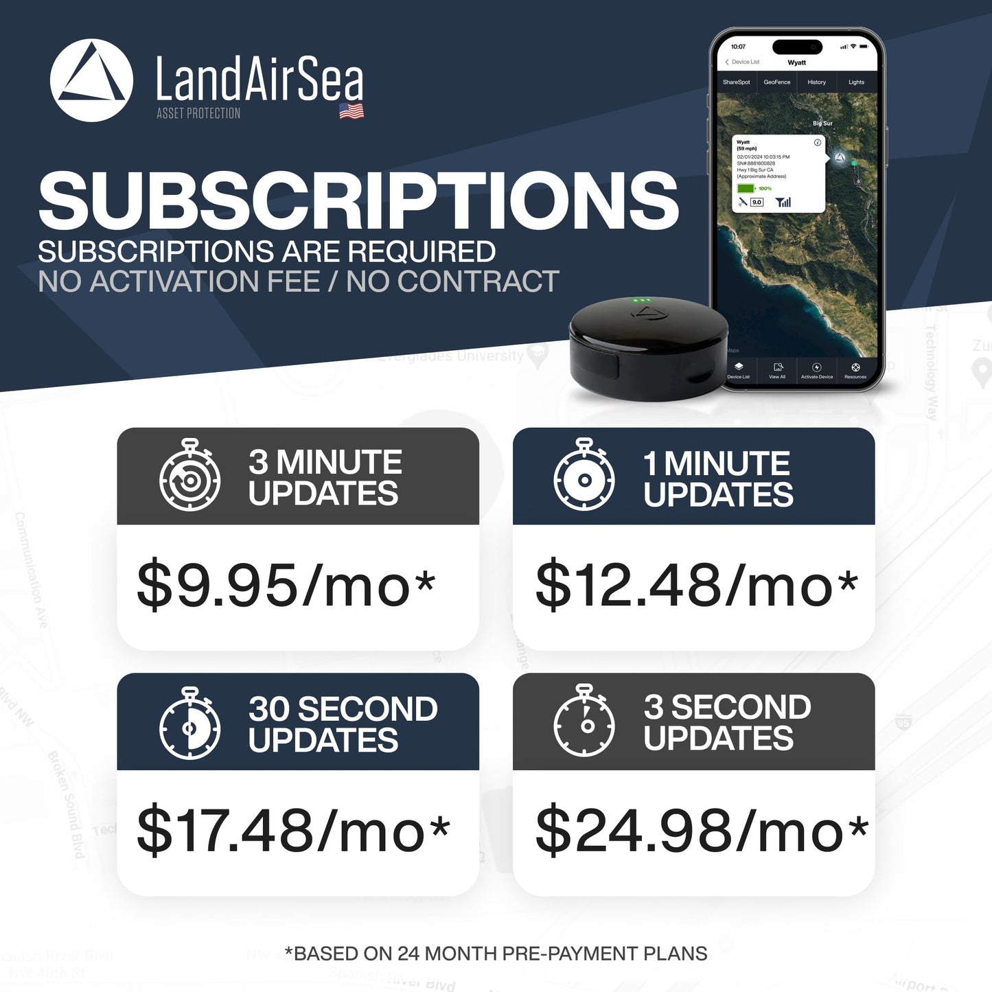 LandAirSea 54 GPS Tracker (Premium Edition) - Long Battery, Magnetic, & Waterproof. Global GPS Tracker for Vehicles. Made in The USA from Domestic & Imported Parts. Subscription is Required.