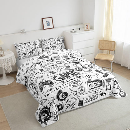 Erosebridal Gaming Comforter Set, Kids Gamepad Cartoon Bedding Set Video Games Gamers Duvet Set Queen Hip Hop Graffiti Quilt Set Racing Car Comforter Set, Black White Printed Bedroom Decor