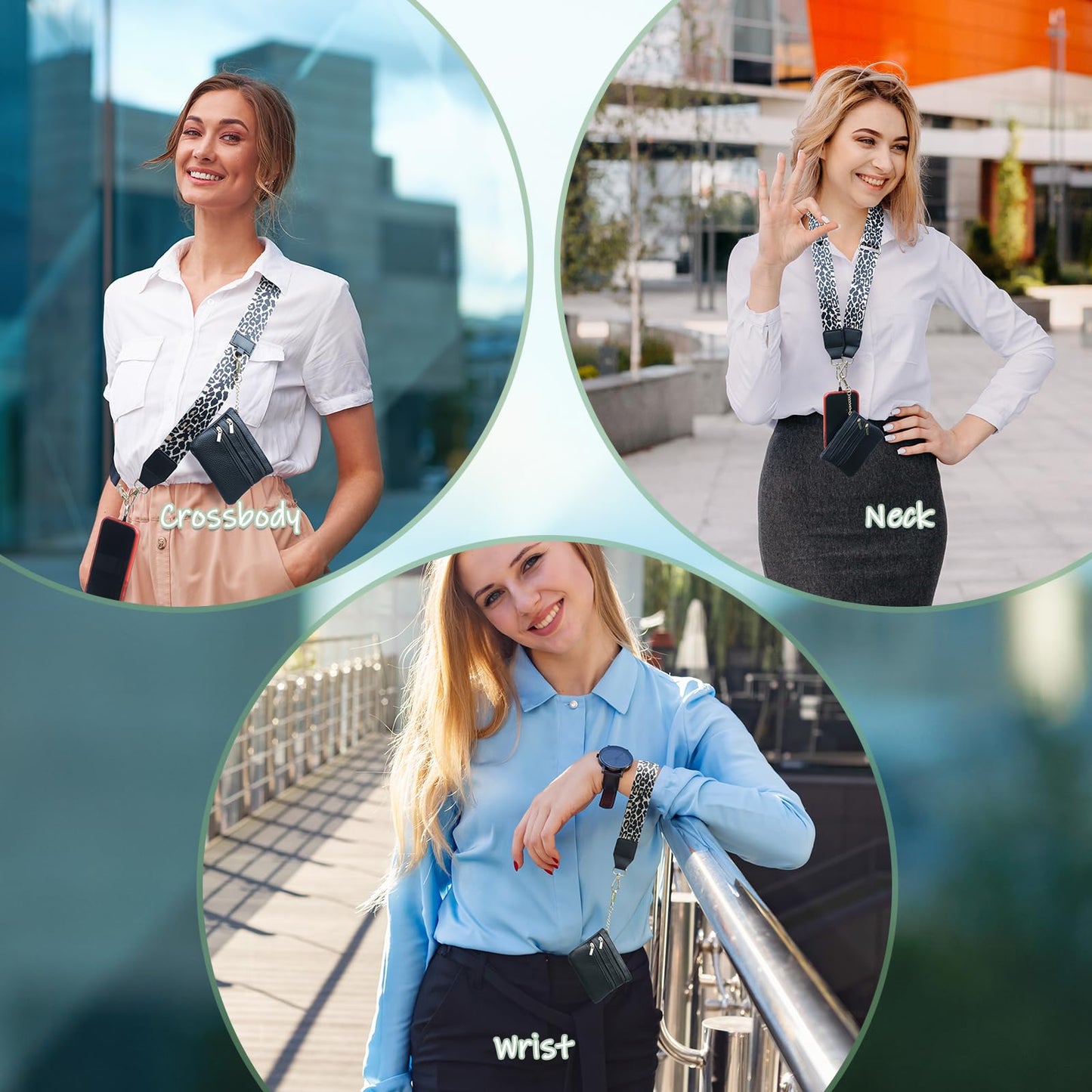 Clip and Go Phone Strap with Wallet Crossbody, Phone Chain Cross Body with Detachable Zippered Pouch, Phone Lanyard with Purse, Adjustable Mobile Strap(Leopard)