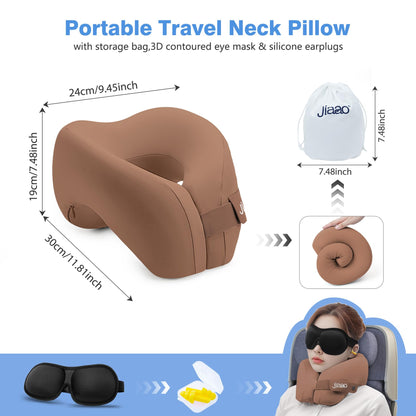 jiaao Travel Neck Pillow, Advanced Neck Support for International Flights, 3D Eye Masks, Ear Plugs and Storage Bag, Memory Foam U-Shaped Pillow for Travel, Sleep Rest, Trains, Road Trips