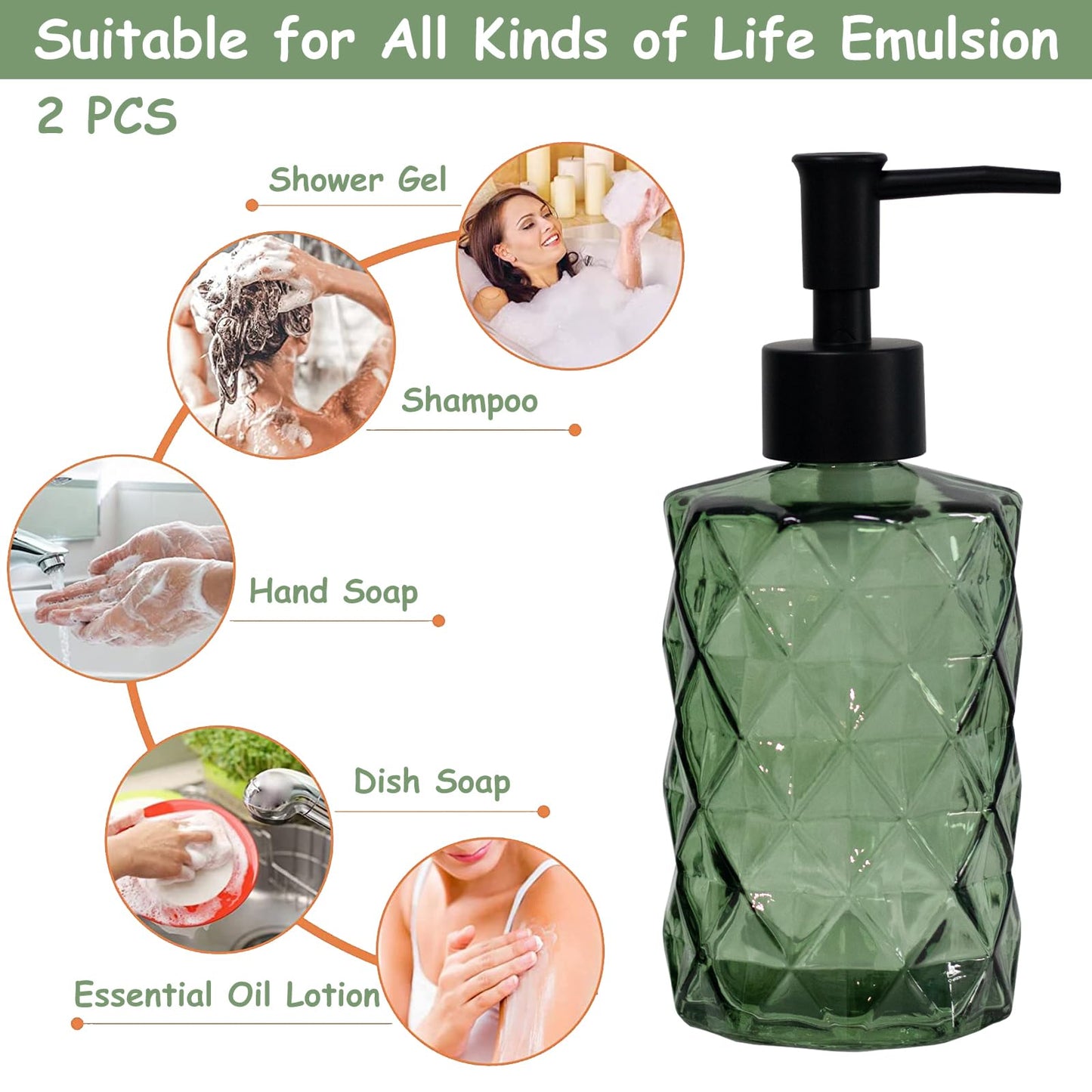Green Glass Soap Dispenser with Black Plastic Pump, 12oz Refillable Liquid Hand Soap Dispenser, 2 Pack Crystal Lotion Bottle for Modern Home Decor, Bathroom, Kitchen Countertop, Hotel