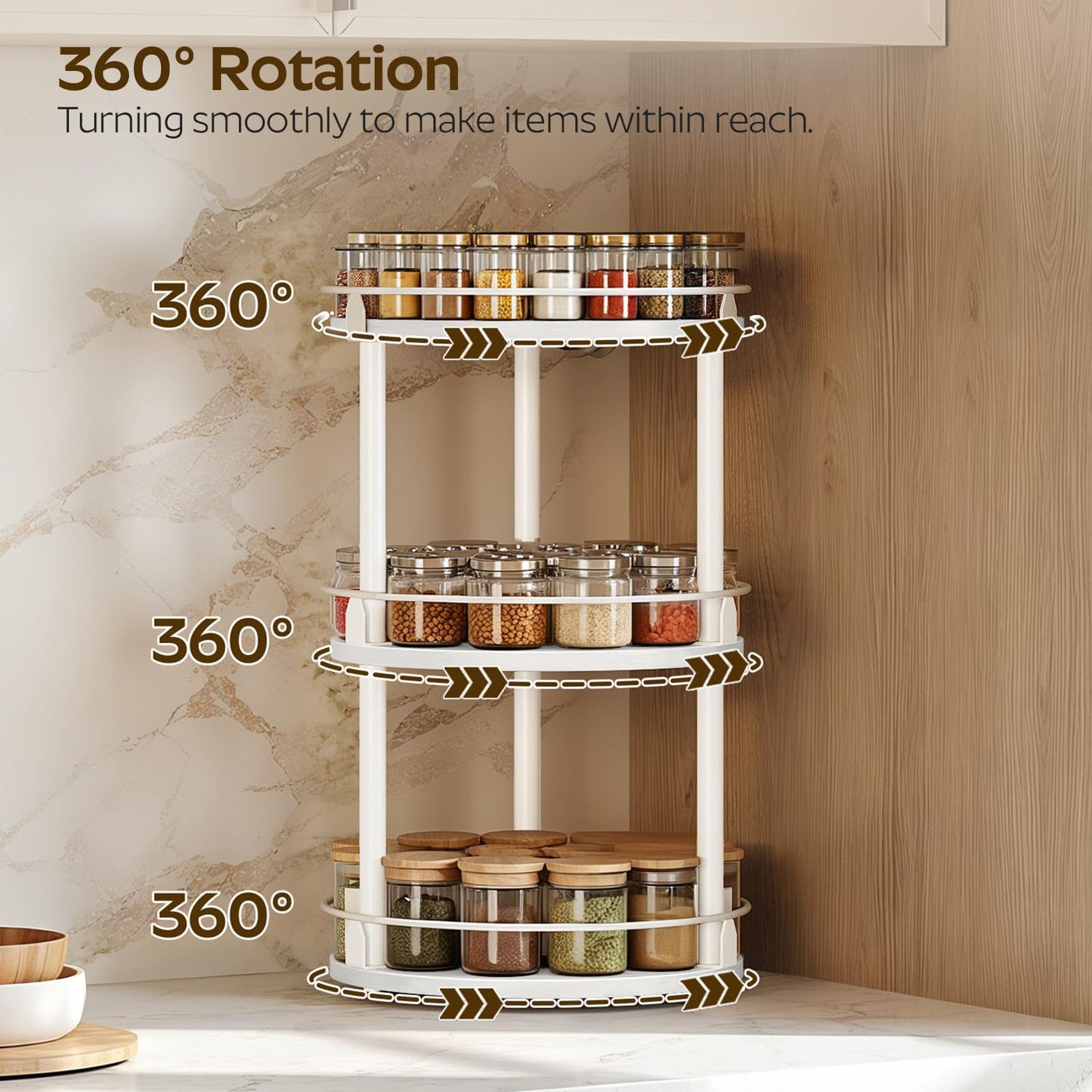 3-Tier Lazy Susan Organizer, Rotating Spice Rack, Spinning Organizer, Industrial Turntable Spice Rack Organizer for Cabinet, Kitchen Countertop, Pantry, Rustic Brown and Black SR23BR
