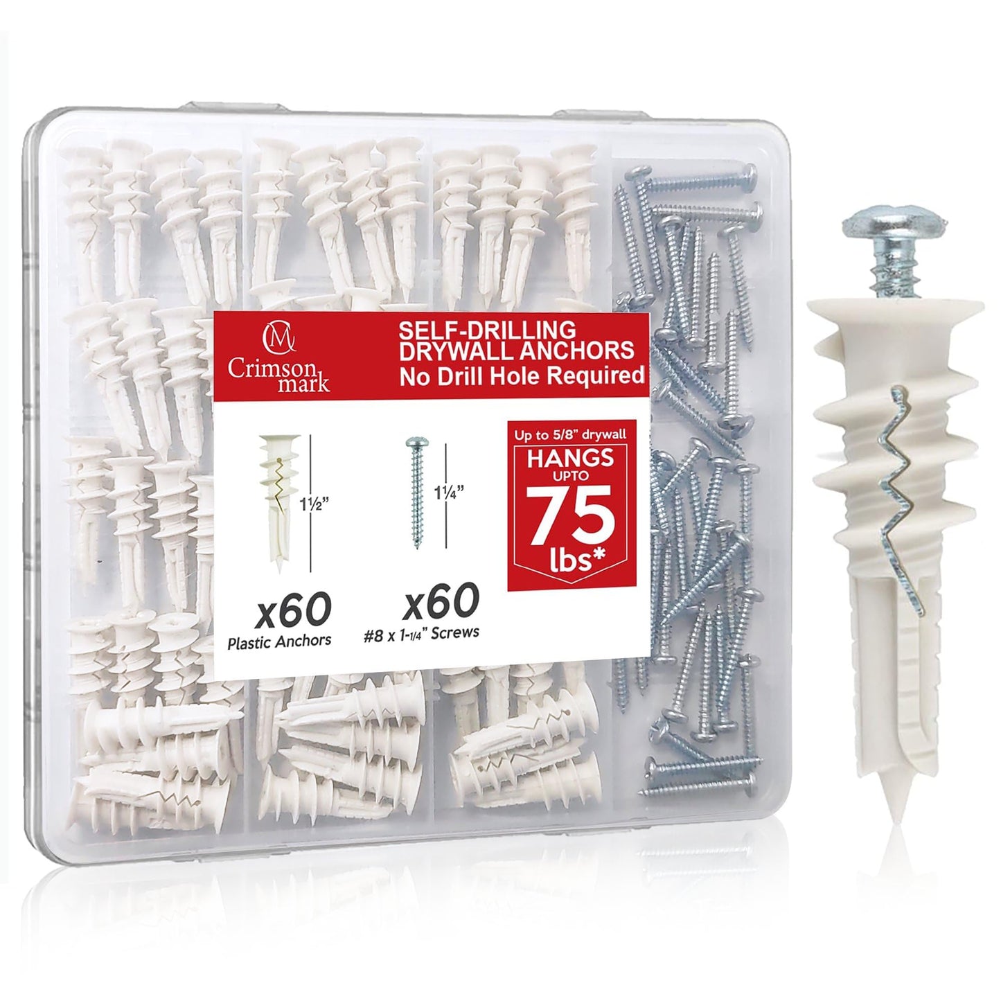 CrimsonMark 120Pcs #8 Self Drilling Drywall Anchors and Screws kit #8 x 1-1/4”- Superb Wall Anchors for Drywall, Holds Upto 75lbs – No Drill Hole Required with These Dry Wall Screws and Anchors