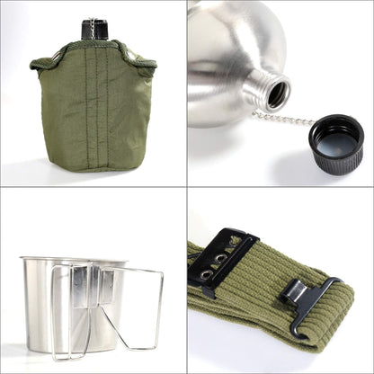 DARTMOOR G.I. Army Stainless Steel Canteen Military with Cup and Green Nylon Cover Waist Belt for Camping Hiking Climbing (Cup with Foldable Butterfly Handle)