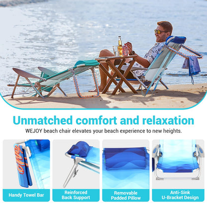 #WEJOY Lightweight Low 2 Pack Beach Chair for Adults, 4-Position Aluminum Folding Camping Chairs with Shoulder Strap, Cup Holder and Padded Headrest, Supports 265lbs for Lawn Outdoor Blue Pattern