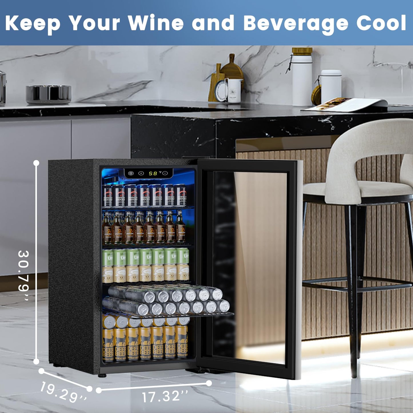 Electactic Mini Fridge 130 Can Beverage Refrigerator Cooler, 3.2 Cu.Ft Drink Fridge forSoda Wine Beer, Digital Temperature Control Cooler for Home, Dorm, Bar