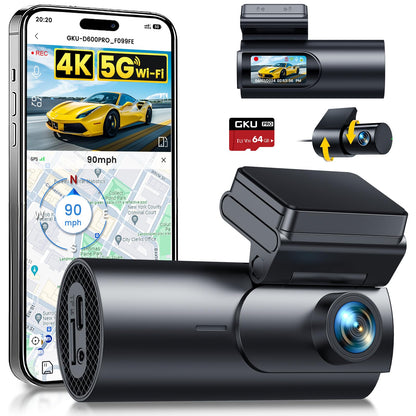 GKU Dash Cam Front and Rear Camera,4K+1080P, 5.8GHz WiFi & GPS Dash Camera for Cars,with 64G SDcard,1.47" Display Dashcam, 24HParking Mode,App Control,Super Night Vision,WDR,Support Max 256GB