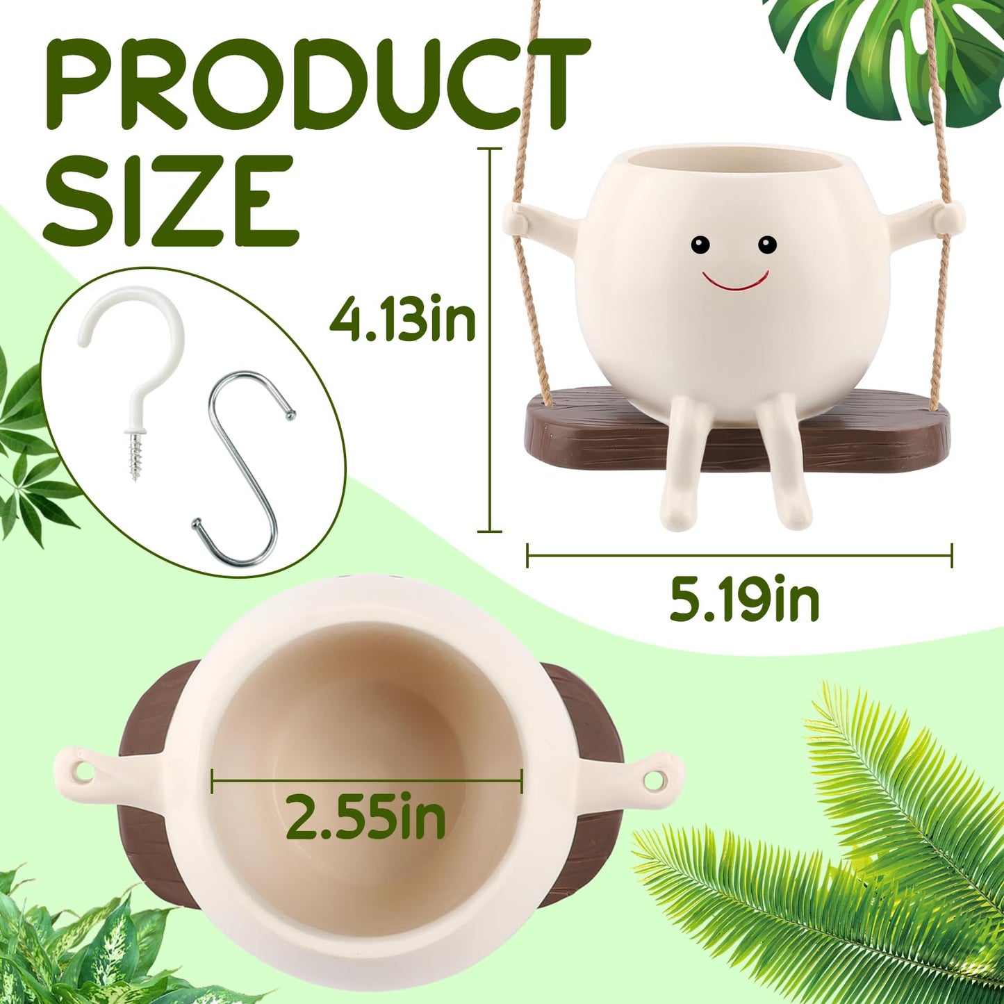 KIUGCO Glossy Swing Smiley Face Planter Pot Head, Small Hanging Planter for Indoor Outdoor Plants, Cute Hanging Flower Pot for String of Pearls Plant Live, Birthday Gifts