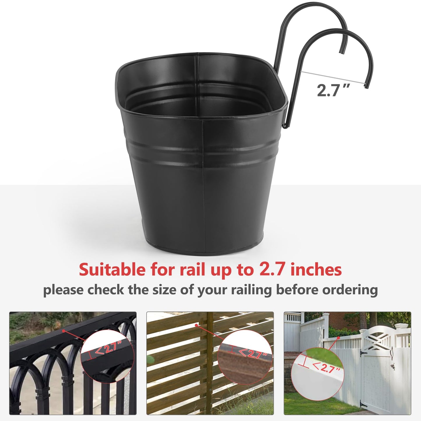 Dahey 3 Pcs Metal Hanging Flower Pots for Railing Fence Outdoor Planter 15.7 Inch Hanging Bucket Pots Countryside Window Flower Plant Holder with Detachable Hooks for Garden Yard Home Decor,Black