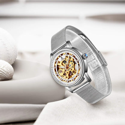 Gute Women's Watch Luxury Mechanical Stainless Steel Skeleton Steampunk Automatic Self Winding Mesh Band Wristwatch