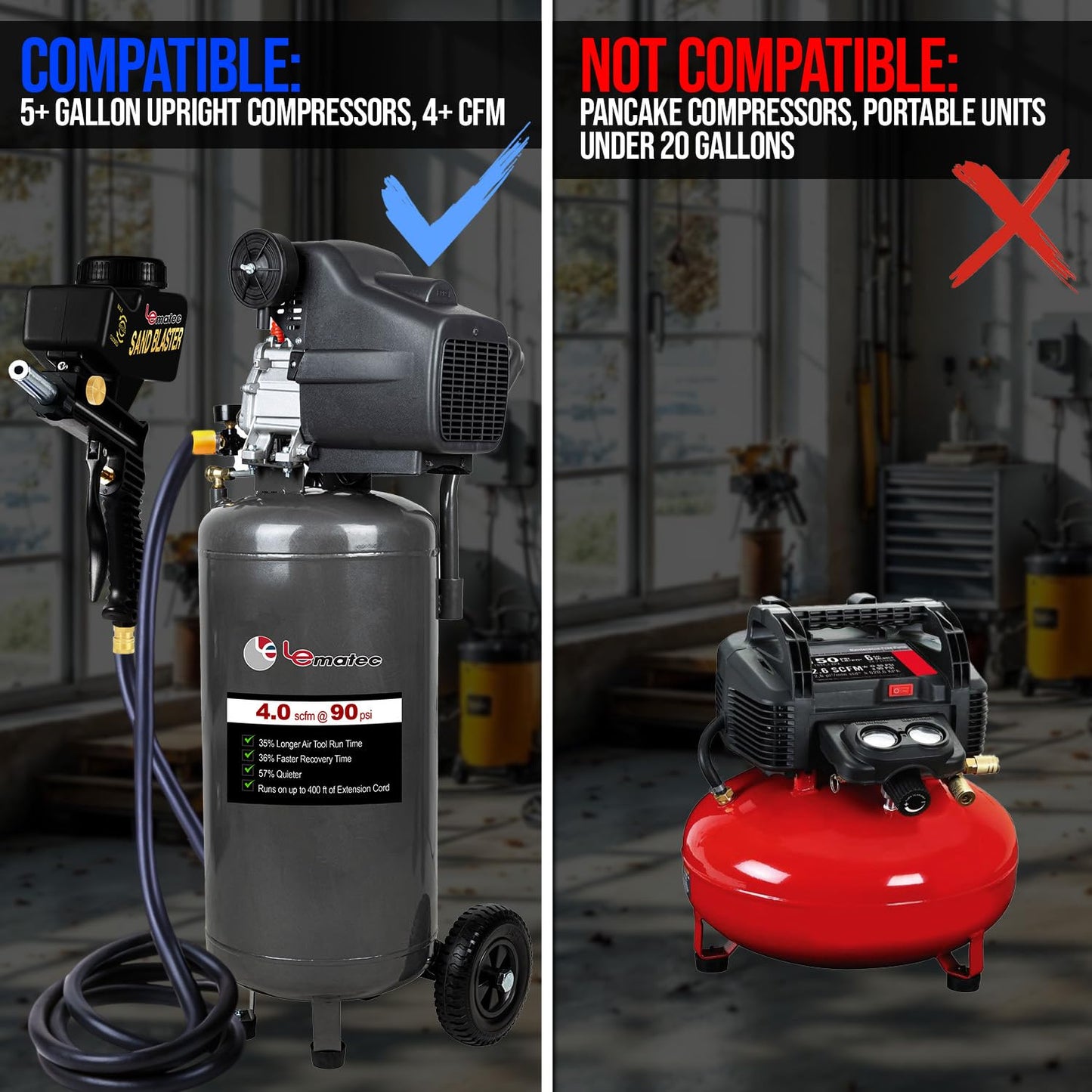 LE LEMATEC Portable Sand Blaster Gun for Small Projects - Required150PSI Air Compressor (4+ CFM) Detail Work, Rust Removal, Glass Etching - Black (AS118)