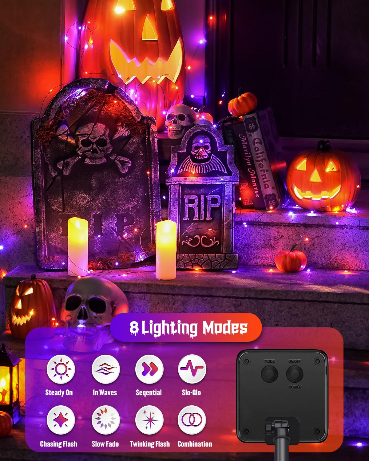 JMEXSUSS 2 Pack Solar Halloween Lights Outdoor Waterproof, Total 66FT 200 LED Orange and Purple Halloween Lights, 8 Mode Black Wire Solar Fairy String Light for Outside Yard Spooky Party Decorations