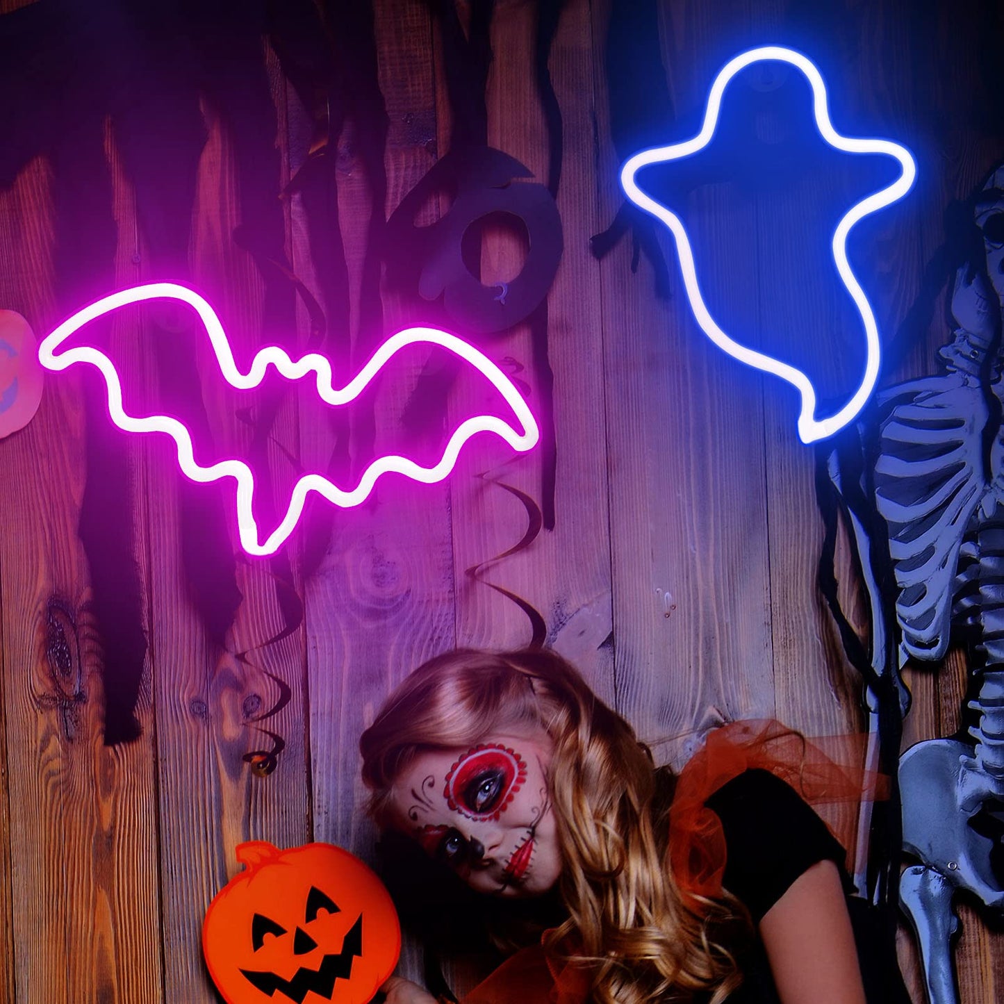 2 Pack Halloween Decoration LEDs Neon Sign Light Ghost Neon Sign Bat Lights Neon Signs Hanging Neon Signs for Halloween Party Decorations Indoor Home Window Decorations(Batteries Not Included)