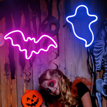 2 Pack Halloween Decoration LEDs Neon Sign Light Ghost Neon Sign Bat Lights Neon Signs Hanging Neon Signs for Halloween Party Decorations Indoor Home Window Decorations(Batteries Not Included)