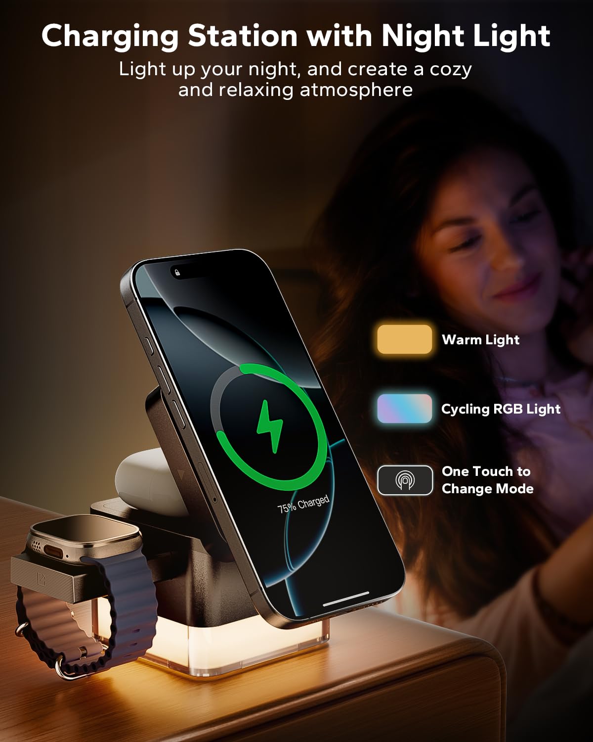 KPON for iPhone Nightstand Charging Station,15W 3 in 1 Wireless Phone Charger Stand with Night Lamp, Travel Foldable Magnetic Cube Magsafe Dock for iPhone 16 15 14 13 12 Series/Apple Watch/Airpods