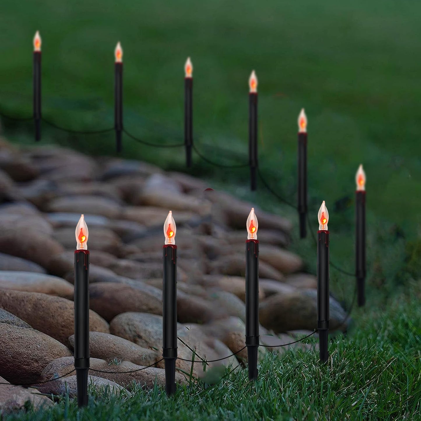 Halloween Pathway Lights Outdoor, 19.5Ft Halloween Pathway Marker String Lights with 10 C18 Flicker Flame Black Candles Stakes Lights Plug in Walkway Light for Lawn Garden Sidewalk Driveway