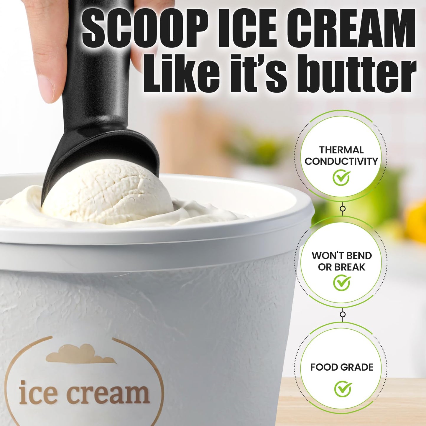 CUNSENR 7 inch Ice Cream Scoop - One-Piece Nonstick Aluminum Ice Cream Scooper - Professional Metal Ice Cream Spoon - Durable, Easy to Use & Clean - Lightweight Cookie Spoon - Scoop Ice Cream (Black)