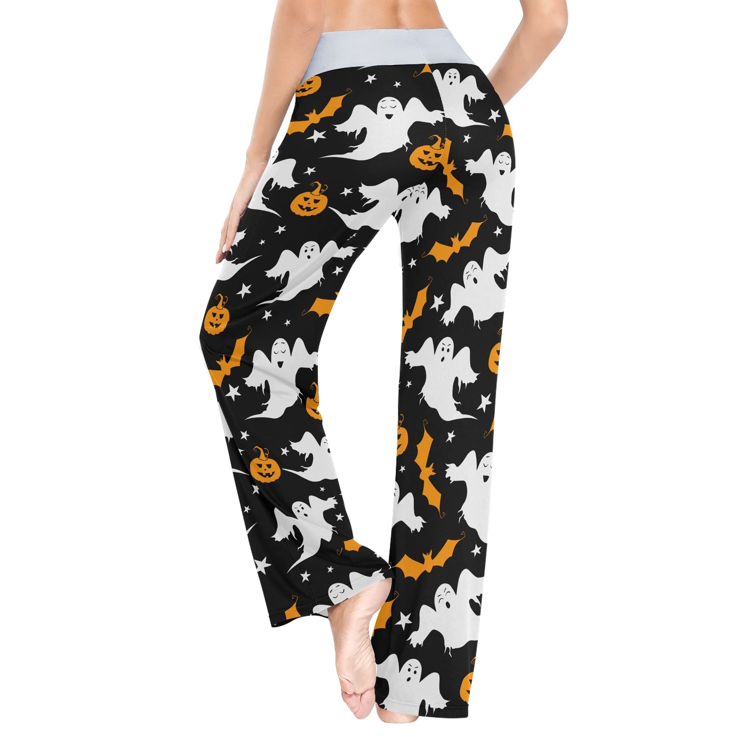 Fisyme Pumpkin Ghost Halloween Pajama Pants for Women Soft Comfy Pjs Bottoms Drawstring Wide Leg Lounge Jogger Yoga Sweat Pants Sleepwear