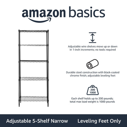 Amazon Basics 3-Shelf Adjustable Heavy Duty Steel Wire Rack Storage Shelving Organizer for Kitchen, Garage, 23.2" L x 13.4" W x 30" H, Black