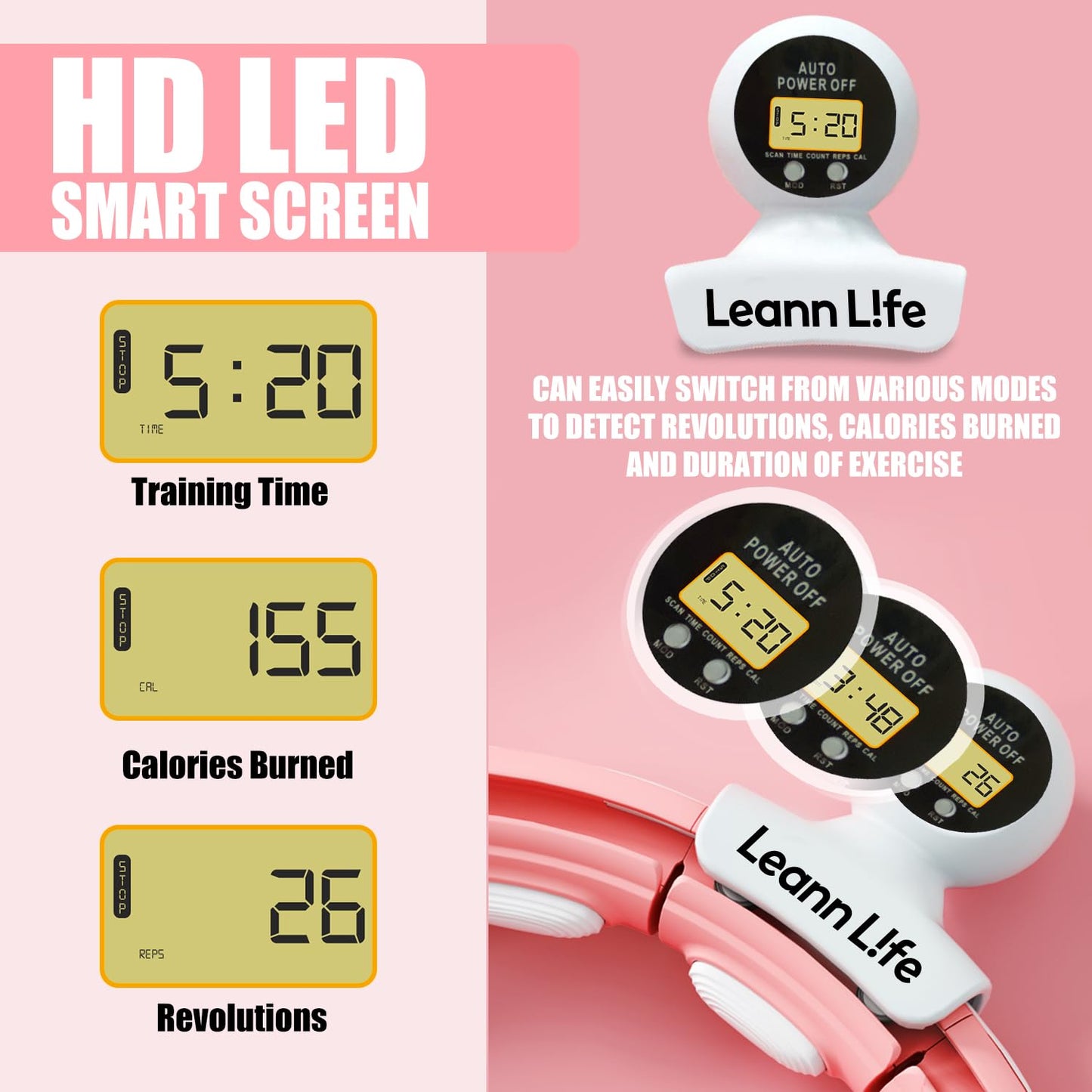 Leann L!fe U5-16 Knots with Counter, U5 Silent Smart Weighted Hula Hoop for Adults Weight Loss Infinity Hoop Plus Size, Home Outdoors Fitness Exercise, Abdominal Toner, (Pink-Waist 28"~46")