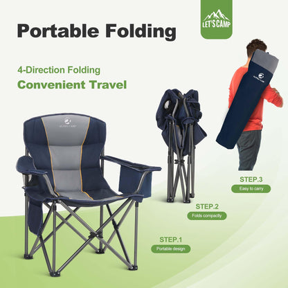 LET'S CAMP Folding Camping Chair Oversized Heavy Duty Padded Outdoor Chair with Cup Holder Storage and Cooler Bag, 450 LBS Weight Capacity, Thicken 600D Oxford,2 Pack