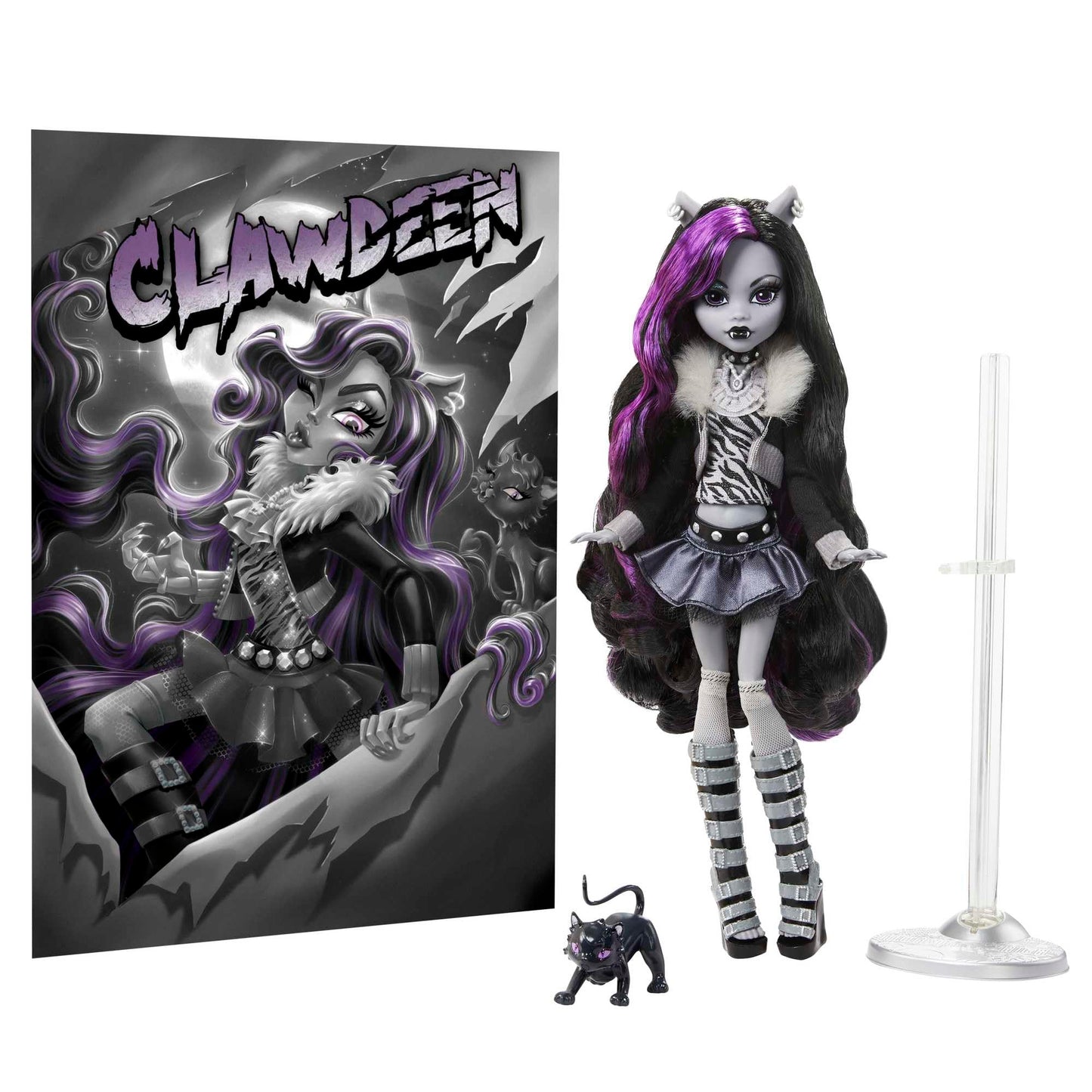 Monster High Reel Drama Doll, Clawdeen Wolf in Black and White, Collectible Reproduction with Doll-Size and Life-Size Posters, Horror Flick Theme