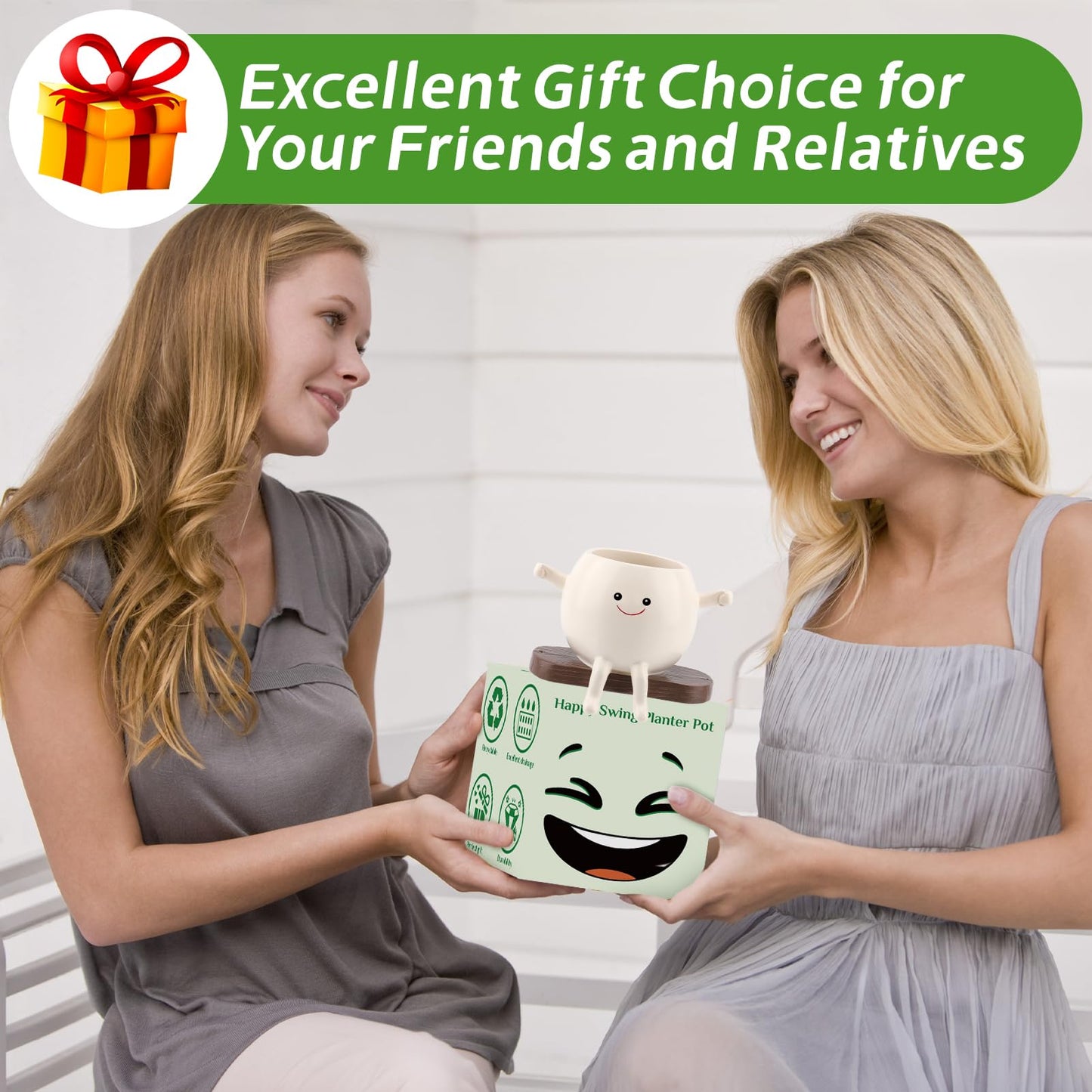 KIUGCO Glossy Swing Smiley Face Planter Pot Head, Small Hanging Planter for Indoor Outdoor Plants, Cute Hanging Flower Pot for String of Pearls Plant Live, Birthday Gifts