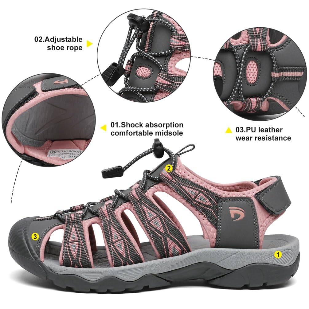 Dannto Women's Sport Hiking Sandals Closed Toe Outdoor Athletic Walking Sandal Lightweight Summer Water Shoes Grey and Pink Size 8.5