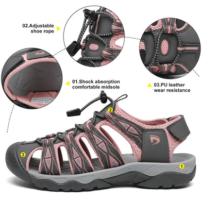 Dannto Women's Sport Hiking Sandals Closed Toe Outdoor Athletic Walking Sandal Lightweight Summer Water Shoes Grey and Pink Size 8.5