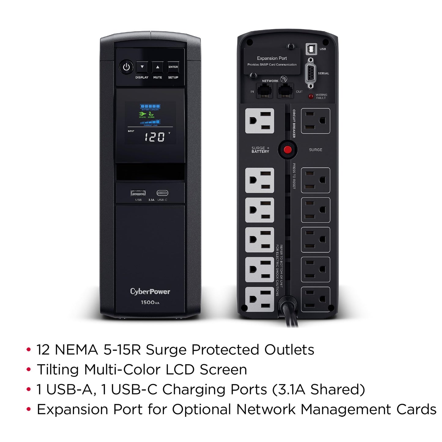 CyberPower CP1500PFCLCD PFC Sinewave UPS Battery Backup and Surge Protector, 1500VA/1000W, 12 Outlets, AVR, Mini Tower; UL Certified